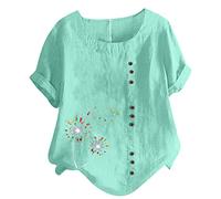 Bluse für Damen Tshirt aus Baumwoll Leinen Lässiges Löwenzahn Druck T-Shirt Sommer Kurzarm Oberteile Rundhals Pullover Plus Size Freizeithem Lockere Bluse Tops Große Größe Pulli Shirt Blusentops
