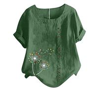 Bluse für Damen Tshirt aus Baumwoll Leinen Lässiges Löwenzahn Druck T-Shirt Sommer Kurzarm Oberteile Rundhals Pullover Plus Size Freizeithem Lockere Bluse Tops Große Größe Pulli Shirt Blusentops