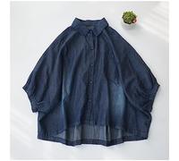 Bluse,Gewaschene Denim-Bluse, Übergroßes Dolman-Hemd, Vintage-Kent-Colar-T-Shirt, Kurze Fledermausärmel, Oberteile, Lässiges, Lockeres Basic-Hemd, Büro, Arbeit, Business, Tunika, Oberteile, Som