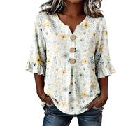 Bluse Langarm Damen elegant Spitze Bluse Sommer 3/4 Ärmel Rüschen Shirt Blumenmuster Druck Boho Blusenshirt Casual Langarm Oberteile Baggy Henley Hemdbluse Damen Tshirt 3/4 arm Rabe