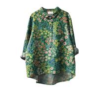 Bluse Leinen Damen Blumenmuster bedrucktes Damen-Revershals-Langarmhemd aus Baumwolle und Leinen mit lässigem Design Satin Tunika (Black, XXXXL)