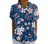 Bluse leinen Tunika Sommer longtunika Blumen Druck Baumwoll Musselin Revers Kurzarm Oberteile Hemd Oversize trachtenhemden（Blau, XXL