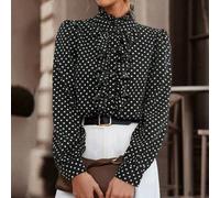 Bluse mit Rüschensaum und Polka-Punkt-Muster, Damen elegant, Knopfleiste, Volant-Langarmstehkragen, Regular Fit, Regular Schwarz Bischofärmlige Bluse