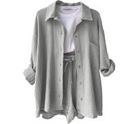 Bluse Musselin Damen Festival Sommershirt Set Musselin Shorts Urlaub Must Haves Leinenblusen Aesthetic Sport Shirt Damenblusen Zweiteiler Mit Hose Sommer Leinen Bluse Blusenjacke(2-Light Gray,L)