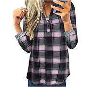 Bluse Shirt Frauen Tops Casual Langarm Plaid Slim Shirt (L,1Rosa)