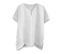 Bluse T-Shirts Herren Casual Sommer Plain Kurzarm Baumwolle Leinen Stehkragen Knopf V-Ausschnitt Strandhemden (3XL,Kurzarm-Weiß)