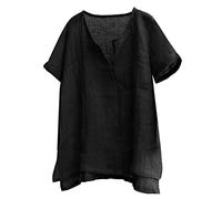 Bluse T-Shirts Herren Casual Sommer Plain Kurzarm Baumwolle Leinen Stehkragen Knopf V-Ausschnitt Strandhemden (4XL,Kurzarm-Schwarz)