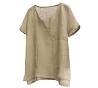 Bluse T-Shirts Herren Casual Sommer Plain Kurzarm Baumwolle Leinen Stehkragen Knopf V-Ausschnitt Strandhemden (5XL,Kurzarm-Khaki)