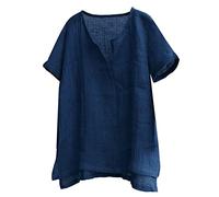 Bluse T-Shirts Herren Casual Sommer Plain Kurzarm Baumwolle Leinen Stehkragen Knopf V-Ausschnitt Strandhemden (XL,Kurzarm-Dunkelblau)