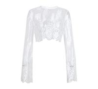 Bluse Tops Mesh Durchsichtig Spitze Kurz Kittel Slim Spleiß Shirt Damen (W-White, L)