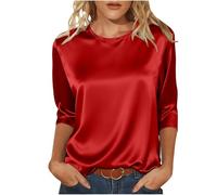 Blusen Damen,3/4 Ärmel Satin Oberteile Stretch Seide Hemdbluse Rundhals Lässig T-Shirt Festliche Bluse Shirt Einfarbig Satinbluse Damenblusen Lockere Longshirt Leicht Langarmshirt