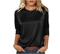 Blusen Damen,3/4 Ärmel Satin Oberteile Stretch Seide Hemdbluse Rundhals Lässig T-Shirt Festliche Bluse Shirt Einfarbig Satinbluse Damenblusen Lockere Longshirt Leicht Langarmshirt
