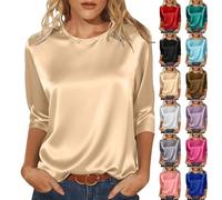 Blusen Damen,3/4 Ärmel Satin Oberteile Stretch Seide Hemdbluse Rundhals Lässig T-Shirt Festliche Bluse Shirt Einfarbig Satinbluse Damenblusen Lockere Longshirt Leicht Langarmshirt