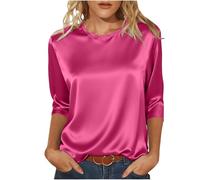Blusen Damen,3/4 Ärmel Satin Oberteile Stretch Seide Hemdbluse Rundhals Lässig T-Shirt Festliche Bluse Shirt Einfarbig Satinbluse Damenblusen Lockere Longshirt Leicht Langarmshirt