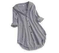 Blusen Damen Langarm Oberteile Tops Lang Blau-Weiß Gestreifte Damenhemd Elegant Sommer Langarmshirt Bügelfreie Leicht Mit Knöpfen Business Longbluse Tunika Hemd Streifenbluse Hemdbluse