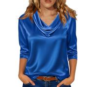 Blusen Damen Satin Bluse Elegant Hemdbluse 3/4 Arm Wasserfallausschnitt Langarm Shirt Seiden Blusenshirt Arbeitshemd Festliche Bluse Elegante Oberteile Chiffon Hemd Freizeit Arbeit Büro Oberteile
