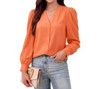 Blusen für Damen, Business, Freizeit, Satin, Seide, V-Ausschnitt, langärmelig, Button-Down-Shirt, Arbeitsblusen, Modal - Orange, X-Groß