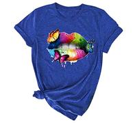 Blusen für Frauen, Frauen Kurzarm O-Ausschnitt Druck Casual Tops Pullover Bluse T-Shirt Blusen und Tops (Blau L)