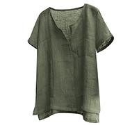 Blusen-T-Shirts Herren-Baumwoll-Leinen-Hemd Kurzarm-Hippie-lässiger Komfort-Strand-T-Shirts (5XL,Kurzarm-Armeegrün)