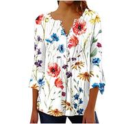 Blusen & Tuniken für Damen 3/4 Ärmel T-Shirt Shirt Blumendruck Tops Tshirt Kurzarm Tunic Bluse Sommer Locker Oberteile V-Ausschnitt Blouse Pullover Blusenshirt Blusentops Sommerbluse Sportshirt