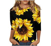 Blusen & Tuniken für Damen 3/4 Ärmel Tshirt Damen Sonnenblume Muster T-Shirt Casual Rundhals T Shirt Locker Langarmshirt Leichte Longsleeve Bluse Baumwolle Langarm Oberteile Sommer Bequem