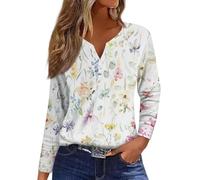 Blusen & Tuniken Für Damen Blumen Bedruckt V-Ausschnitt Henley Shirt Langarm Blusenshirt Frauen Poloshirt Regular Fit Leichte Freizeitshirt Herbst Oberteile Ausgefallene Bluse Basic Longshirt