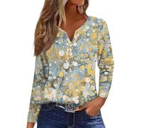 Blusen & Tuniken Für Damen Blumen Bedruckt V-Ausschnitt Henley Shirt Langarm Blusenshirt Frauen Poloshirt Regular Fit Leichte Freizeitshirt Herbst Oberteile Ausgefallene Bluse Basic Longshirt