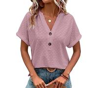 Blusen & Tuniken Für Damen,Damenbluse Sommer Einfarbig Hohl Jacquard-Knopf V-Ausschnitt Pullover Hemden Tops Elegante Kurzarm-Tunika-Oberteile Sexy Büro-Arbeitsblusen T-Shirts Für Damen Und Mädc