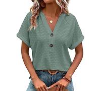 Blusen & Tuniken Für Damen,Damenbluse Sommer Einfarbig Hohl Jacquard-Knopf V-Ausschnitt Pullover Hemden Oberteile Elegante Kurzarm-Tunika-Oberteile Sexy Büro-Arbeitsblusen T-Shirts Für Damen Und