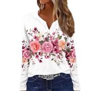 Blusen & Tuniken Für Damen Langarm Blumen Bedruckt Henley Shirt V-Ausschnitt Blusenshirt Basic Tunika Bluse Regular Fit Frauen Poloshirt Herbst Oberteile Ausgefallene Leichte Longshirt
