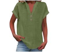 Blusen Tuniken für Damen Leinen Bluse Basic V-Ausschnitt Kurzarm T-Shirt Lässiges Musselin Oberteile Button Down Bequemes Sexy Modisch Licht Hemdbluse Tunika Top Leinenbluse Leinenhemd