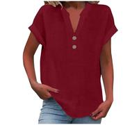 Blusen Tuniken für Damen Leinen Bluse Basic V-Ausschnitt Kurzarm T-Shirt Lässiges Musselin Oberteile Button Down Bequemes Sexy Modisch Licht Hemdbluse Tunika Top Leinenbluse Leinenhemd