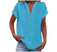 Blusen Tuniken für Damen Leinen Bluse Basic V-Ausschnitt Kurzarm T-Shirt Lässiges Musselin Oberteile Button Down Bequemes Sexy Modisch Licht Hemdbluse Tunika Top Leinenbluse Leinenhemd