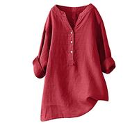 Blusen Tuniken für Damen Leinen Langarmshirt Musselin Bluse Casual Oberteile Große Größen Tops Elegante Blusenshirt Lang Tunika Shirt V Ausschnitt Freizeithemd Mode Longbluse Oversized Longbluse