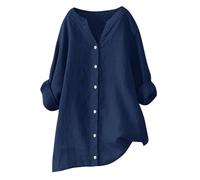 Blusen Tuniken für Damen Leinen Langarmshirt Musselin Bluse Casual Oberteile Große Größen Tops Elegante Blusenshirt Lang Tunika Shirt V Ausschnitt Freizeithemd Mode Longbluse Oversized Longbluse