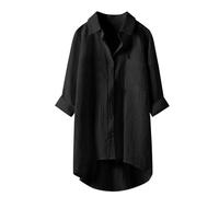 Blusen & Tuniken Für Damen Musselin Bluse Leinen Baumwolle Longbluse Sommer Übergröße Button-Down Leinenbluse Lässiges Hemd V-Ausschnitt Elegant Atmungsaktive Tunika Mit Brusttaschen,02 Schwarz,3XL