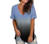Blusen & Tuniken für Damen Tshirt Damen Farbverlauf V-Ausschnitt Oberteile Mode Kurzarm Bluse Einfarbig Longbluse Tunika Tops Locker Longtops T-Shirt Pullover Ärmellos Tanktop Shirt Große Größen