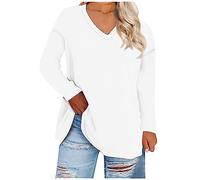 Blusen & Tuniken FüR Damen Tshirt Damen V Ausschnitt Longsleeve Damen Oversize Shirt Basic Einfarbig V Ausschnitt Langarm Tshirts Herbst Winter üBergrößE Langarmshirt Damen Longshirt (Weiß, 3xl)