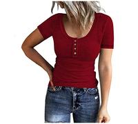 Blusen & Tuniken FüR Damen Zweiteiler Damen Sommer Hose Und Top Poloshirt Damen Sommer Einfarbige Rundhals Kurzarm Spitze Gerippten StrickknöPfen Slim Fit Oberteile Festliche Blusen Damen (Wein, L)