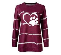 Blusen und Tops, 2020 Love and Dog Paw Printed Striped Rundhals Lose Langarm Sweatshirt Blusen für Frauen Elegant (Rot M)
