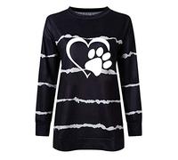 Blusen und Tops, 2020 Love and Dog Paw Printed Striped Rundhals Lose Langarm Sweatshirt Blusen für Frauen Elegant (Schwarz XL)