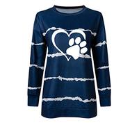 Blusen und Tops, 2020 Love and Dog Paw Printed Striped Rundhals Lose Langarm Sweatshirt Blusen für Frauen Elegant (Blau 5XL)