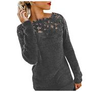 Blusen und Tops, Damen Casual Langarm Solide Spitze Patchwork Pullover Top Bluse Blusen für Frauen Elegant (Grau S)