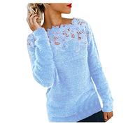 Blusen und Tops Damen Casual Langarm Solide Spitze Patchwork Pullover Top Bluse Blusen für Frauen Elegant (Blau L)