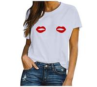 Blusen und Tops Damen Casual Sexy Lippen Druck Kurzarm O-Ausschnitt T-Shirt Tunika Blusen für Frauen Elegant (Weiß XXL)