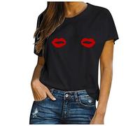 Blusen und Tops Damen Casual Sexy Lippen Druck Kurzarm O-Ausschnitt T-Shirt Tunika Blusen für Frauen Elegant (Schwarz 3XL)