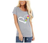 Blusen und Tops, Mode Damen Herz Druck Kurzarm O-Neck T-Shirt Tunika Bluse, Blusen für Frauen Elegant (Grau S)