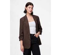 Blusenblazer PIECES "PCBOSELLA 3/4 PINSTRIPE BLAZER NOOS BC", Damen, Gr. M, braun (hot fudge stripes:cloud dancer pinstripe), Web, Obermaterial: 98% Polyester, 2% Elasthan, gestreift, regular fit Po-b