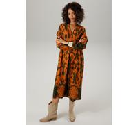 Blusenkleid ANISTON CASUAL, Damen, Gr. 38, N-Gr, bunt (dunkeloliv, terrakotta, marine), Web, Obermaterial: 100% Viskose, bedruckt, gemustert, figurumspielend kniebedeckend, V-Ausschnitt, Rippbündchen,