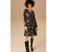 Blusenkleid ANISTON CASUAL, Damen, Gr. 46, N-Gr, schwarz (schwarz, beige), Web, Obermaterial: 100% Viskose, bedruckt, geblümt, knieumspielend, V-Ausschnitt, elastischer Bund mit Gummizug, Kleider Blus